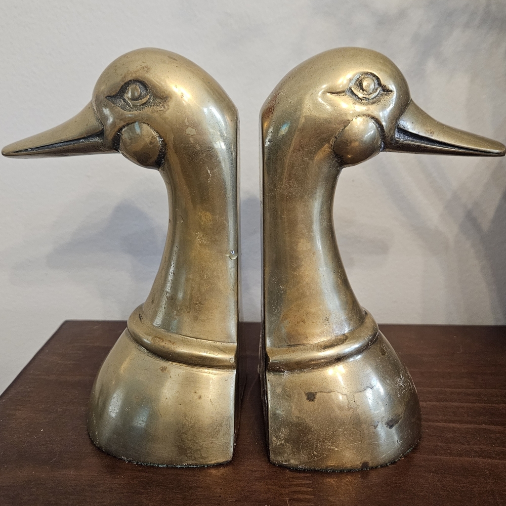 Pair Of Vintage MCM Solid Brass Duck Mallard Head Bookends 6.25 Inches